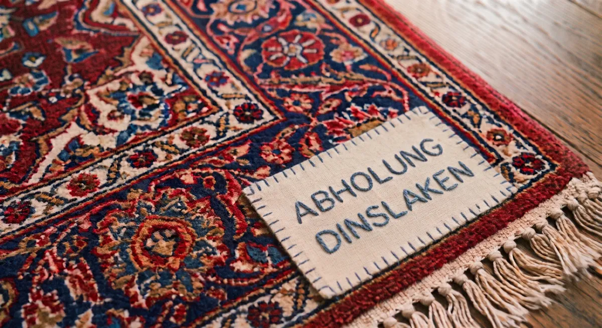 Ecke eines rot-blauen Orientteppichs mit Fransen auf Holzboden, darauf ein aufgenähtes Stoffetikett mit der gestickten Aufschrift Abholung Dinslaken