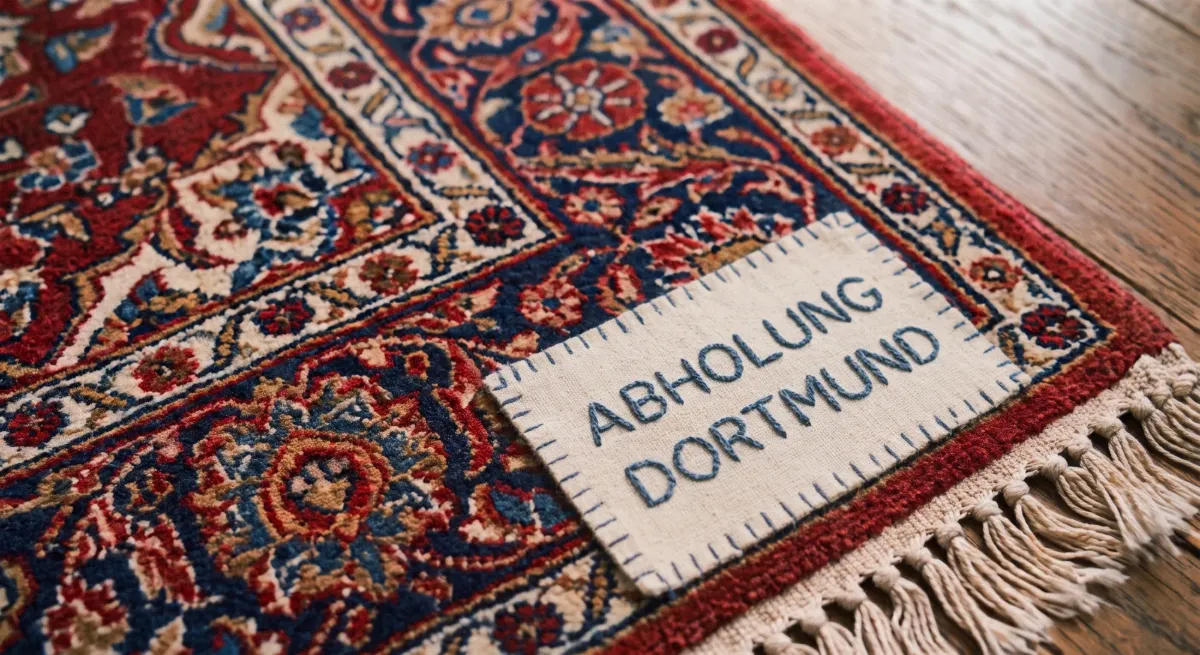 Ecke eines rot-blauen Orientteppichs mit Fransen auf Holzboden, darauf ein aufgenähtes Stoffetikett mit der gestickten Aufschrift Abholung Dortmund