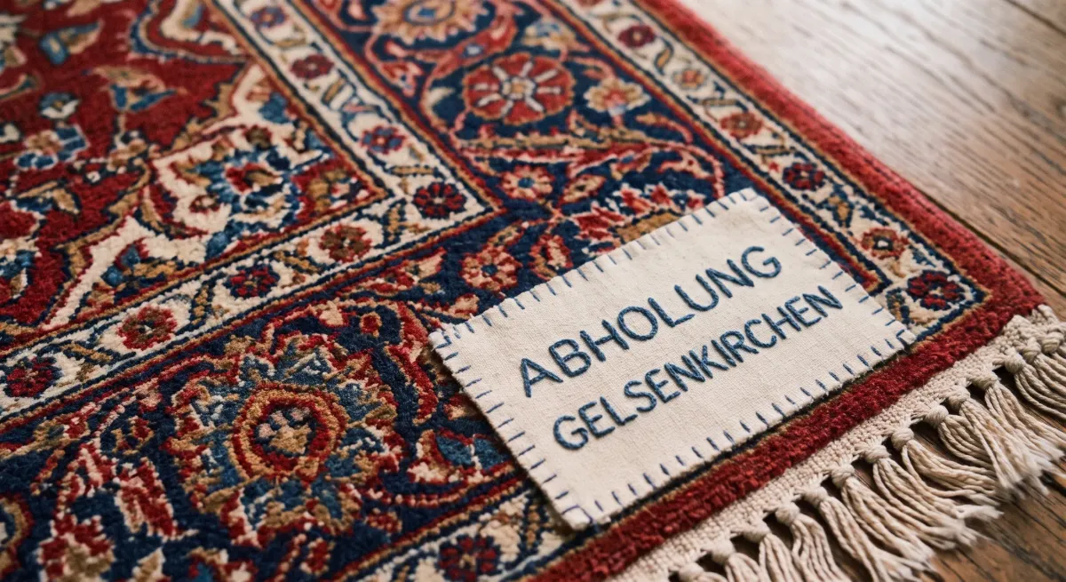 Ecke eines rot-blauen Orientteppichs mit Fransen auf Holzboden, darauf ein aufgenähtes Stoffetikett mit der gestickten Aufschrift Abholung Gelsenkirchen