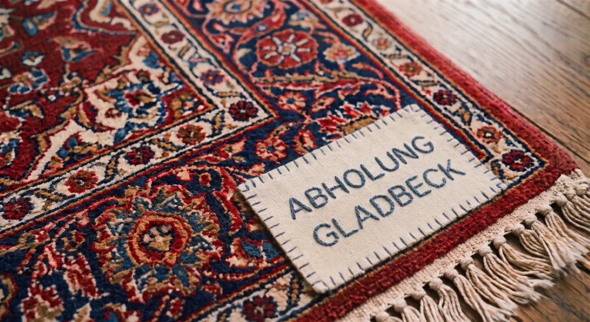 Ecke eines rot-blauen Orientteppichs mit Fransen auf Holzboden, darauf ein aufgenähtes Stoffetikett mit der gestickten Aufschrift Abholung Gladbeck