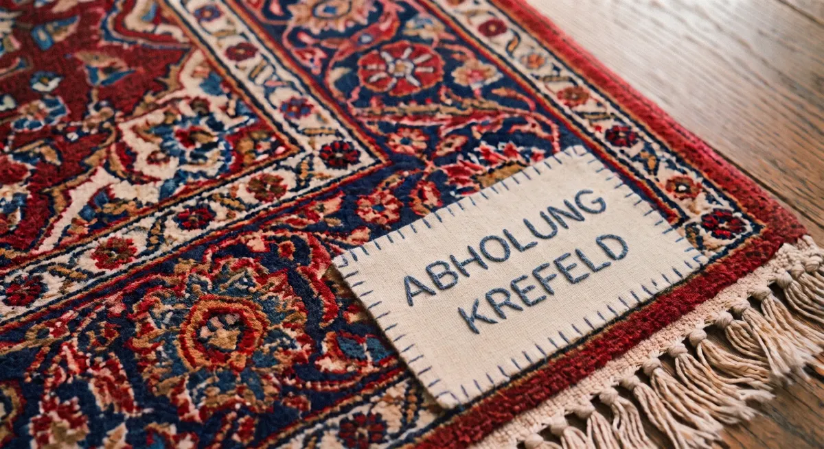 Ecke eines rot-blauen Orientteppichs mit Fransen auf Holzboden, darauf ein aufgenähtes Stoffetikett mit der gestickten Aufschrift Abholung Krefeld