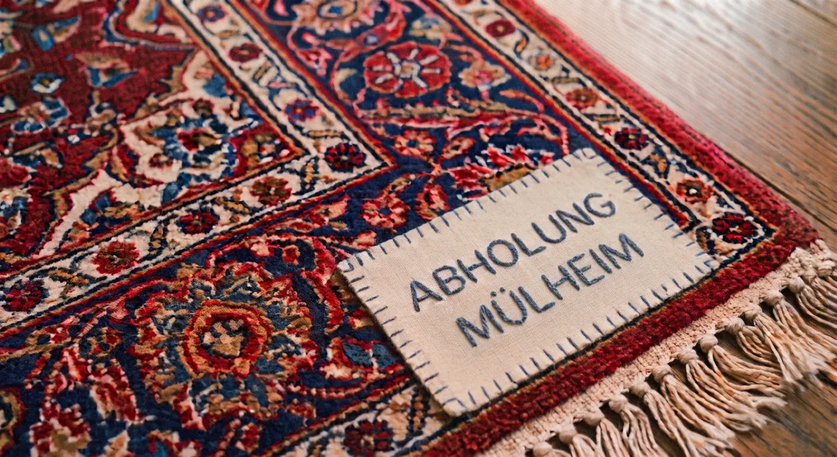 Ecke eines rot-blauen Orientteppichs mit Fransen auf Holzboden, darauf ein aufgenähtes Stoffetikett mit der gestickten Aufschrift Abholung Mülheim