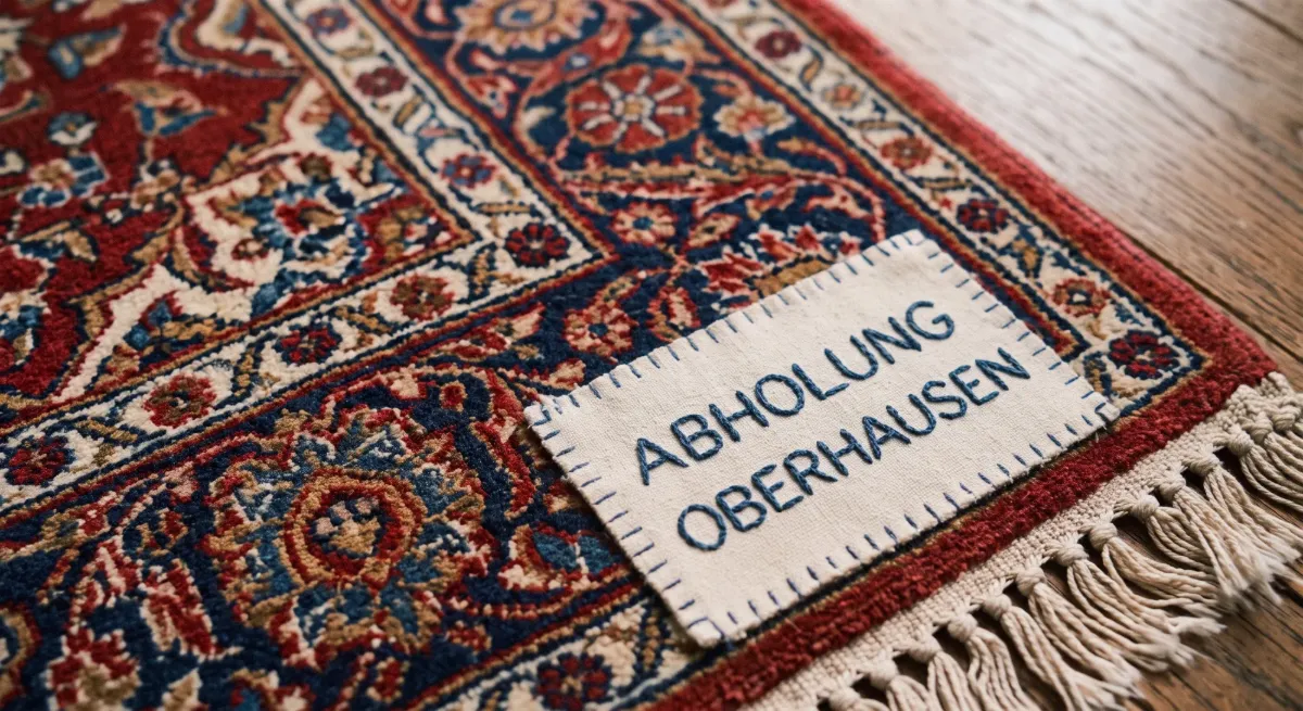 Ecke eines rot-blauen Orientteppichs mit Fransen auf Holzboden, darauf ein aufgenähtes Stoffetikett mit der gestickten Aufschrift Abholung Oberhausen