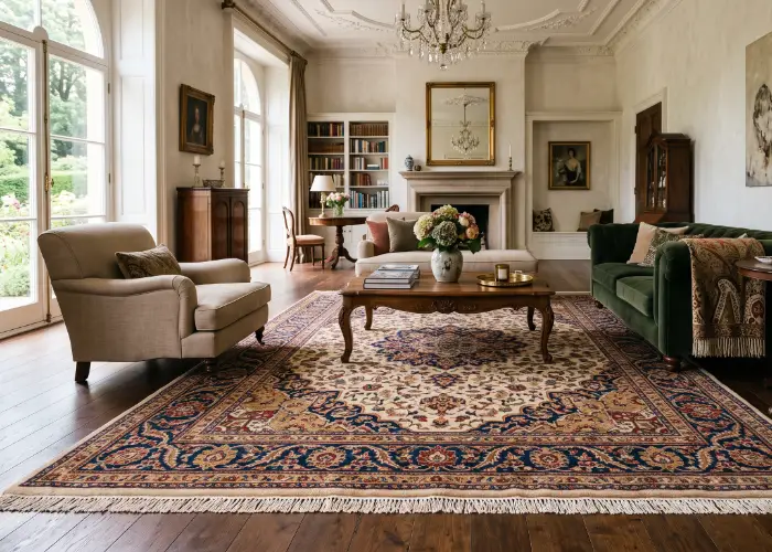 Helles Wohnzimmer mit einem großen, frisch gereinigten Orientteppich mit Medaillon und Fransen auf dunklem Holzboden, darauf ein Couchtisch aus Holz, daneben ein beiger Sessel und ein dunkelgrünes Samtsofa