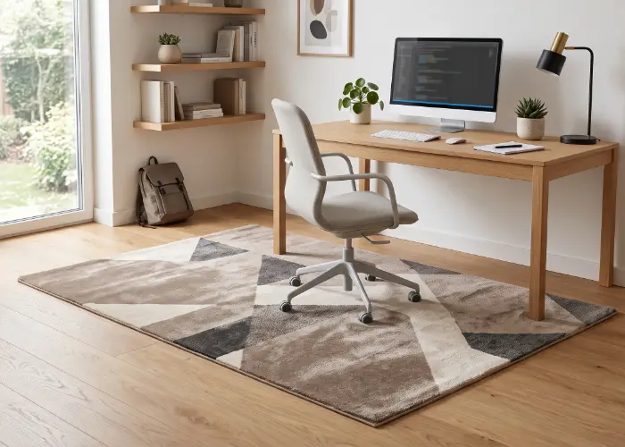 Frisch gewaschener Kurzflorteppich mit grafischem Muster in Beige, Grau und Creme unter einem Schreibtisch mit Bürostuhl in einem hellen Arbeitszimmer mit Holzboden