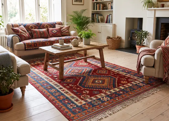 Flach gewebter Kelim mit geometrischem Muster in Rot, Blau und Orange mit Fransen unter einem Holztisch in einem hellen Wohnzimmer mit Sofa und Sesseln