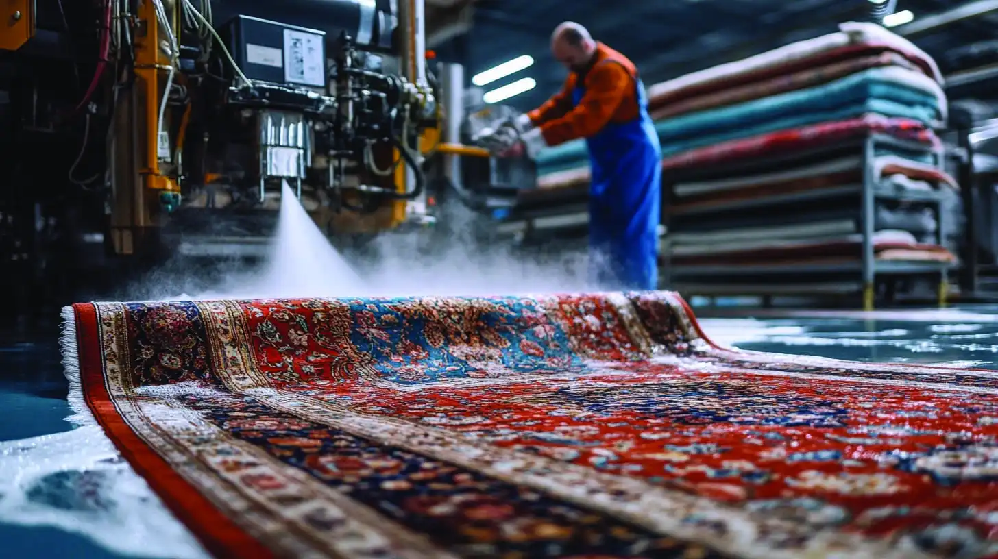 Roter Orientteppich liegt in einer Waschhalle unter einer Waschanlage mit Wasserstrahl, dahinter ein Mitarbeiter in blauer Schürze vor Regalen mit gerollten Teppichen